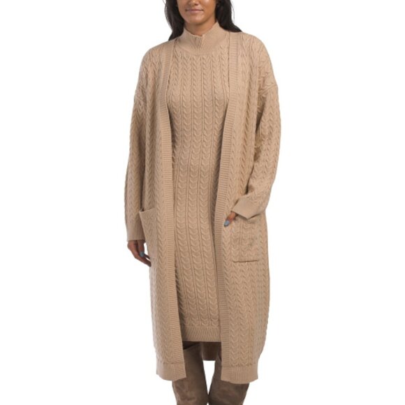 NEW CYRUS Cable Sweater Midi Dress With Long Duster Set tan 663tn - Picture 2 of 3